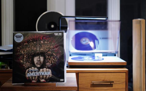 Erykah Badu - New Amerykah Part 1 (4th World War) LP cover.

A drawing of Erykah's head, with a huge afro of many objects, with two fists below, and finger covers spelling "New Amerykah".

The purple LP is playing on a vintage, restored Bang & Olufsen Beogram 4000 linear-tracking turntable to the right.