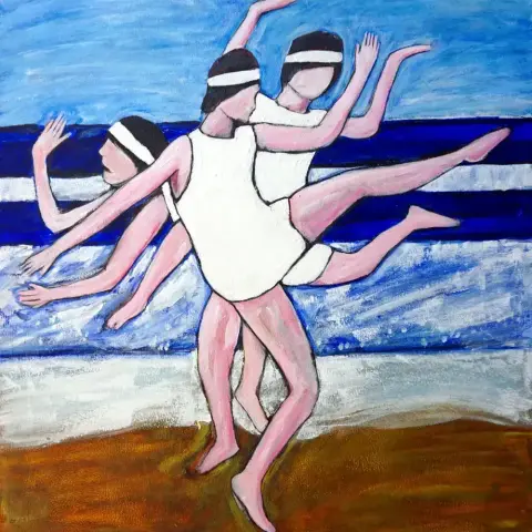A painting by artist Chris Dale, entitled Wave In A Line, shows a group in white jumpers dancing on a beach with waves and water behind.