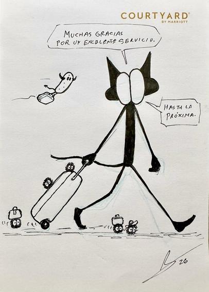 Drawing of a little gremlin pulling a suitcase. He is thanking the hotel staff for their excellent service and hoping to return soon.