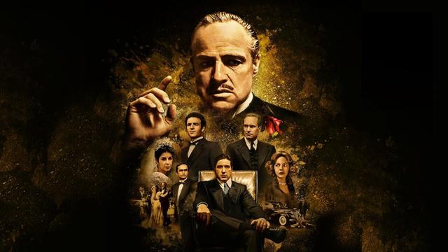 Plakat - Don Vito Corleone (Marlon Brando, oben) vom bettelarmen sizilianischen Einwanderer zum mächtigen Gangsterboss in New York aufgestiegen, hat mit kriminellen Mitteln ein Riesenvermögen erworben. Für seine vielköpfige Familie und für Hilfe suchende Landsleute ist er ein verehrter Patriarch. (Bild: © ARD Degeto Film/Paramount Pictures)