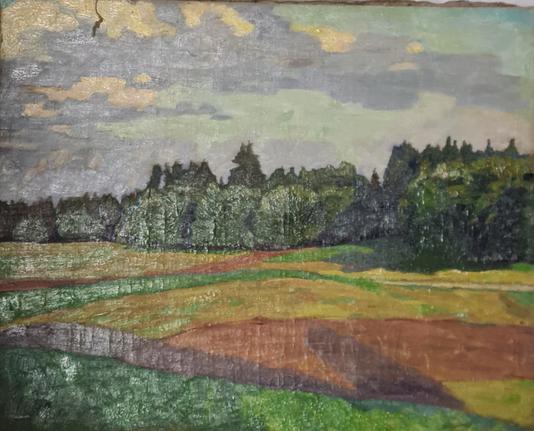 Felder und Wälder. Expressionismus. Ölgemälde. Das Gemälde aus dem Jahr 1910 zeigt eine Gegend bei Murnau in Oberbayern, wo Franz Marc, Gabriele Münter, Kandinsky u. a. der Secession Blauer Reiter wirkten. Die Signatur (S. G. oder ähnlich) weist auf einen Maler der Gruppe Blauer Reiter hin.