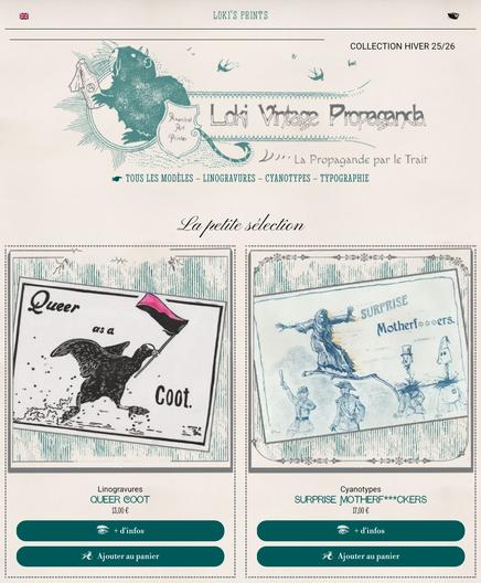 Screenshot of my printshop website with two prints : a linocut with a queer coot and a cyanotype with the Grim Reaper riding its scythe and beheading oppressors.