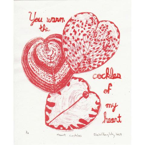 My linocut shows three heart cockles (Corculum cardissa) with the words, “You warm the cockles of my heart”. Each 6.5” x 8” print is hand printed on Japanese paper. The cockles are viewed from the side so they look like hearts and have varied patterns in two tints of coral pink (spots, concentric stripes with wavy patterns and splotches around the edge of the heart shape).