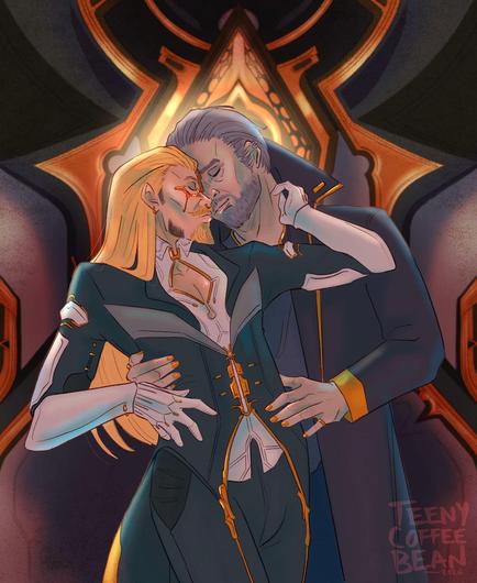 digital Warframe fanart of Albrecht and Loid embracing with a Entrati-themed frame background. arttag