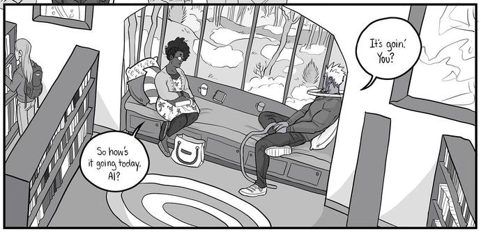 Cassidy and Al sit in the bay window of the library, checking in with each other like librarians and demons do