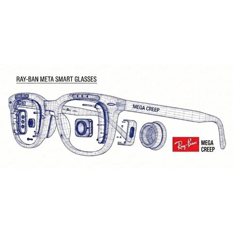Ray-Ban Meta smart glasses technical wireframe in patent-drawing blue, exploded view showing every camera, microphone, and sensor packed into what looks like normal eyewear. Someone has helpfully corrected the branding on the temple arm and logo to read "MEGA CREEP" instead of "Meta," which is the most accurate product rename since Facebook became Meta to dodge its own reputation. The engineering is impressive. The ethics are not.