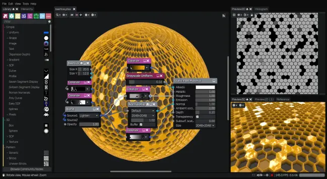 ๐ถ๏ธ A view of its UI, with the main part in the center showing the various effects boxes with their parameters and the links that connect them to produce the desired effect. On the left, a library tab and an image of the selected starting model, and on the right, a preview of the texture created.
๐๏ธ Material Maker is a libre, multi-platform tool for creating procedural PBR (Physically Based Rendering) materials (allows you to add relief/fine texture to a basic model via texture "painting"), based on the Godot engine. Materials are defined as graphics where nodes create or transform textures, and can then be exported to Godot, Unity or Unreal engines. It can also be used to create several types of materials, and new custom material types, as well as new export targets for existing materials, can be added if needed.