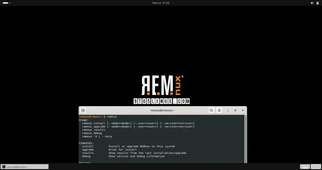 Screenshot of REMnux 8 showing a terminal window with an output of the remnux command.