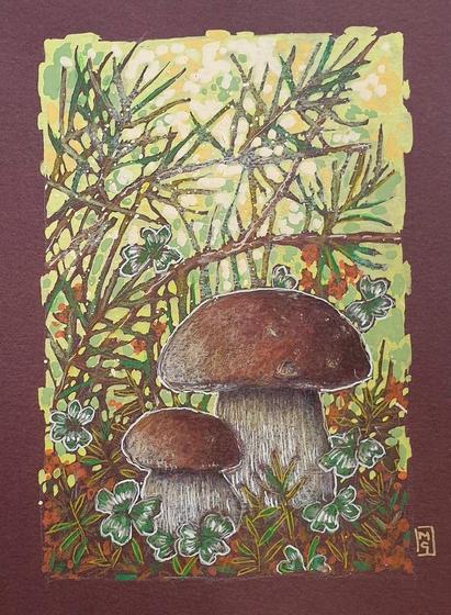 A small artwork of bolete mushrooms with brown caps and white stalks in the undergrowth with plants including clover.
An original art work, please note that the frame is not included.
Colour pencil and mixed media on acid free toned artist paper
5 by 7 inches (12.7 by 17.8 cm).