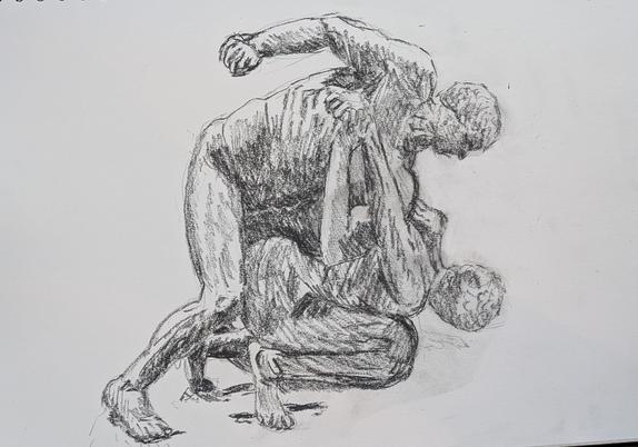 charcoal drawing of a classical sculpture of two wrestlers one pinning the other down with an armlock