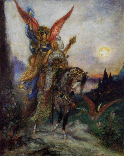a male figure in elaborate costume riding a prancy, fancy horse, is looking up and back at a winged female who seems to be floating just over his shoulder, and they seem happy to see each other.  she is holding aloft some flowers and is also wearing intricately decorated clothing, headwear, and jewelry.  She may have a halo or it may be a crown.  There is strange and perhaps magical fantasy bird flying alongside them, and beyond are trees and a body of water and the sun near the horizon