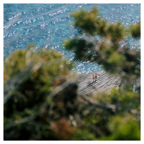Two swimmers standing on a rock in the deep blue sea, photographed from atop of the cliff through some green branches.
