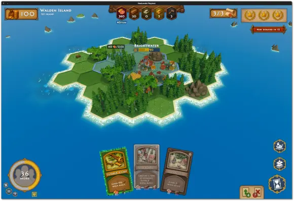 ๐ถ๏ธ A view of its user interface (v. 0.41.3, on my Linux PC / taken from the author's website) with a 3D island on the main part of the screen, already featuring a few buildings obtained thanks to the cards played at the bottom of the screen.
๐๏ธ HexLands is a turn-based roguelike city-building game set on procedurally generated medieval islands. Players develop their empire and adapt to hostile environments. They customize their deck, manage resources, complete quests, collect important relics, and combine acquired advantages to develop their empire. The game features different biomes (freezing cold north, arid desert islands, and other hostile climates) to which players must adapt. Each island rewards them with an advantage that will help them until the end. Adding strategic cards to the deck (planting a forest, discovering a mine, etc.) can save their colony. The key lies in a balanced set of tools: a harmony between perks, situational cards that fill gaps, and buildings from previous islands that support future projects! Players must therefore choose their next island wisely and create synergies!
