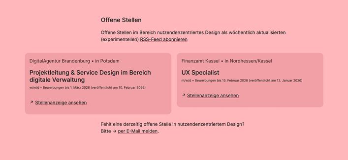Partial screenshot of a website displaying 2 open design positions:
• Service designer and project lead in digital government in Potsdam
• UX specialist at the tax and revenue office Kassel