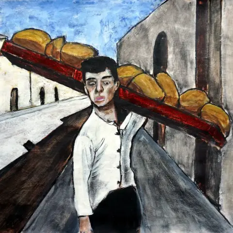 A painting by artist Chris Dale, entitled Bread Delivery Boy, shows someone carrying many loaves of bread on a board on shoulder.