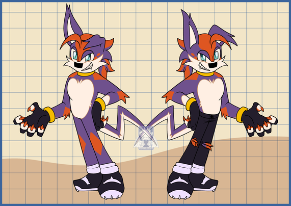 a quick refsheet of a purple dog with orange spots, drawn on a style similar to Sonic the Hedgehog.
on the left he only wears his gloves and shoes and on the right he has a black jeans on.