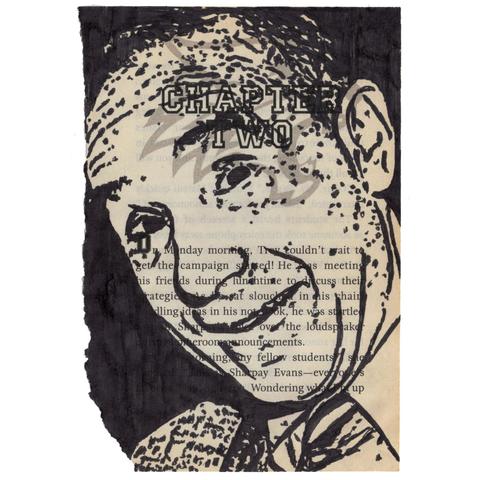 Pen drawing of Lloyd Kaufman wearing a suit and smiling sillily drawn on a torn-out book page.