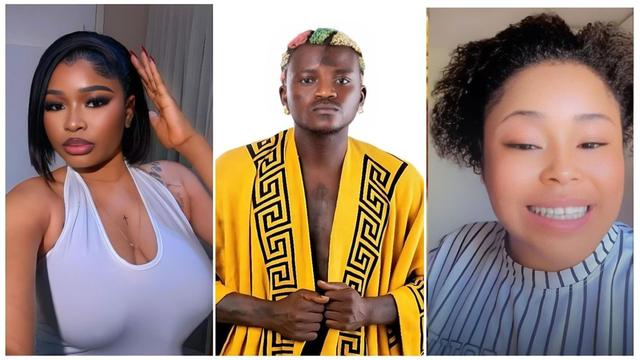 A three-panel composite image featuring Queen Dami, Nigerian singer Portable, and his associate Debby. On the left, Queen Dami poses in a white sleeveless halter top with a cross necklace. In the center, Portable wears a yellow and black patterned robe. On the right, Debby is captured mid-speech in a black and white striped shirt.