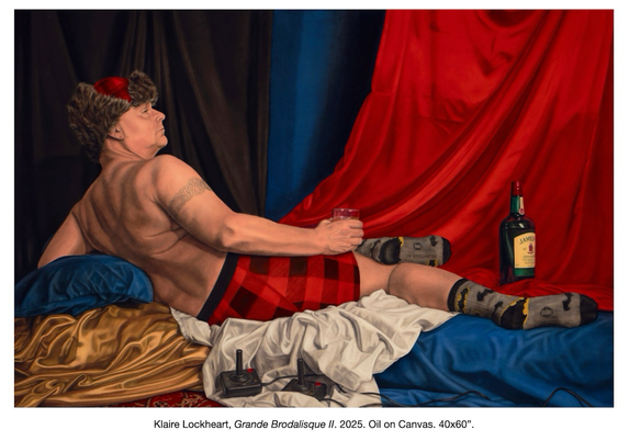 Grande Brodalisque II is an oil painting, which features the backside of a masculine model wearing red and black plaid underwear, a matching hat, and Batman socks. He grasps a glass of whisky in his right hand as he rests upon cushions within a man cave draped in satin.