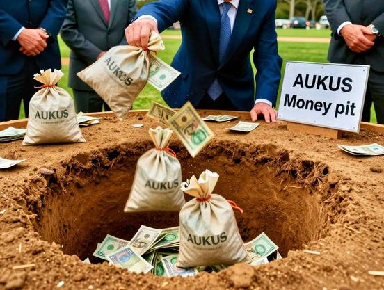 Bags of cash being thrown into the AUKUS Money Pit.