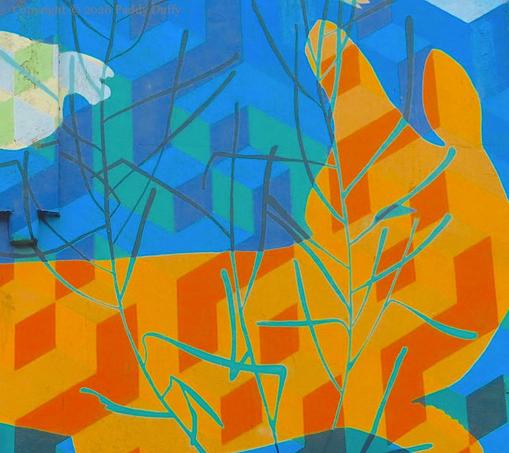 detail of a wall-painting using isometric design of a fish among lake grass