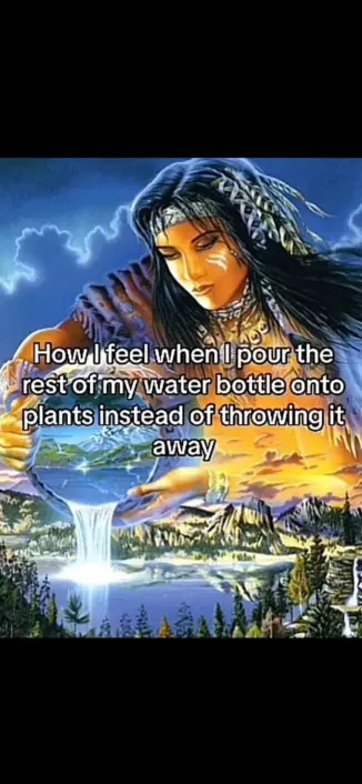 Meme image. Text reads "How I feel when I pour the rest of it water bottle onto plants instead of throwing it away" overlayed upon a anthropomorphised version of mother earth pouring water into a waterfall amongst a virgin landscape.

meme