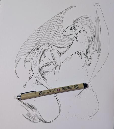 A wyrm-like legged dragon with hair and four wings curls around a rocky outcropping.