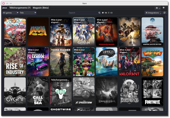 ๐ถ๏ธ Rare GUI (v.1.11.2) showing some games from Epic Games (most are Windows-only games) on my PC. The games awaiting installation have a grey cover, while the others have a coloured cover. Destiny 2 is currently being downloaded (3% complete). The top of the interface is devoted to menus (various search filters, settings, game counters, etc.).
๐๏ธ Rare is a libre, multi-platform interface for the Epic Games Store, enabling you to install, uninstall and launch your games - via Legendary (a command-line tool adding a layer of compatibility with this store). It enables authentication on the store, installation on hard disk or in the cloud, updating and setting up Wine and games, searching for information on ProtonDB, checking games and repairing them if necessary. Its interface provides an immediate overview of your game library (installed/uninstalled games, installation progress), plus filters to make searching easier. An excellent tool!