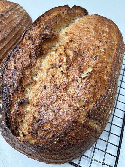 Golden seeded sourdough batard showing seeds, herbs and seaweed.