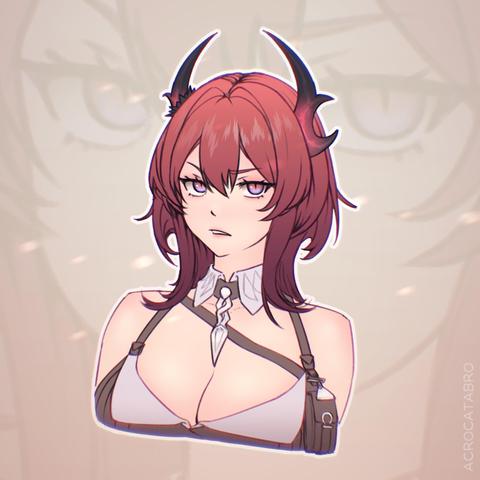 Bust portrait of Laevatain from Arknights: Endfield. She has short, layered dark red hair and curved black horns rising from her head. Her eyes are a soft violet, and her expression is slightly stern and annoyed. She wears a white collar with a silver pendant and dark sleeveless dress. The background is beige with a faint, enlarged overlay of her eyes behind her.