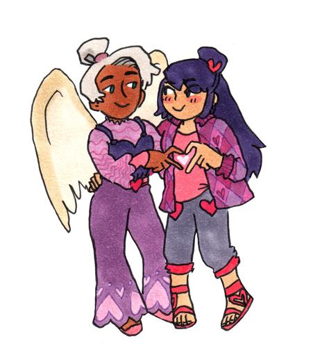 Brenna and Sydney from the webcomic Sombulus. They're standing near each other in lovecore outfits, making a heart with their hands.