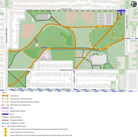 The City of Toronto's map of the proposed paths through Trinity Bellwoods Park with the thickest orange lines denoting primary routes.