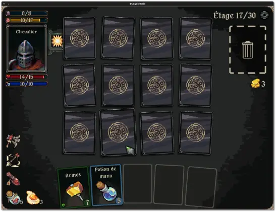 ๐ถ๏ธ A view of its user interface (v. 0.4, on my Linux PC) at the start of the 17th turn: 12 cards have been turned over, I have to find out where the exit door is (under a cardโby turning it over) and the key to unlock it (another card). I have 10 food points left (pretty good), my stress level is 0 (very good - pretty easy), 14 health points (out of 15, not bad), 1 mana point (easy), no armor left (not so good), and yet I died on the next turn :)).
๐๏ธ Dungeon Raid is a roguelike adventure card game. Players must delve deeper and deeper into the dungeon and use everything they find to defeat their enemies and eliminate the final boss. Good luck! And try not to die... of hunger. An excellent game (very accessible and addictive) where you have to optimize your resources to last as long as possible, because the enemies are getting stronger and more numerous, and food is running out. Great sound and visuals.