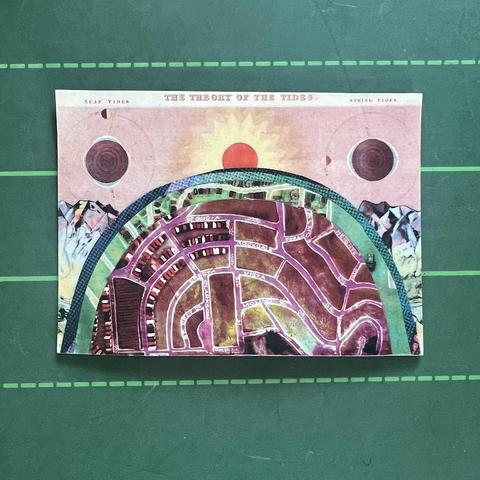 Paper collage on the back of a trading card. The background shows an illustration demonstrating the moon’s effect on the tides, from the 1851 book ASTRONOMY. Also in the background are two portions of an illustration of amethyst from an 1898 NOUVEAU LAROUSSE ILLUSTRÉ. In the foreground is an abstracted watermelon slice, a half circle with a narrow green outer layer and a reddish-purple center. The shape is made up of color-shifted section of a street map.