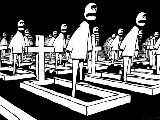 A gloomy, comic-style black and white scene, showing many zombies with one foot in their grave.