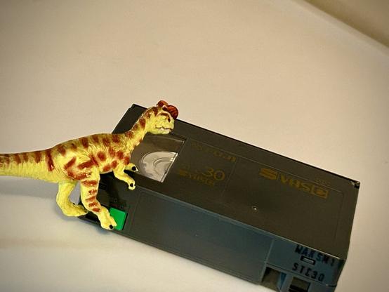 A green Dilophosaurus with brown spots stands with a black VHS-C cassette on a white surface and marvels at the wonders of this technology.