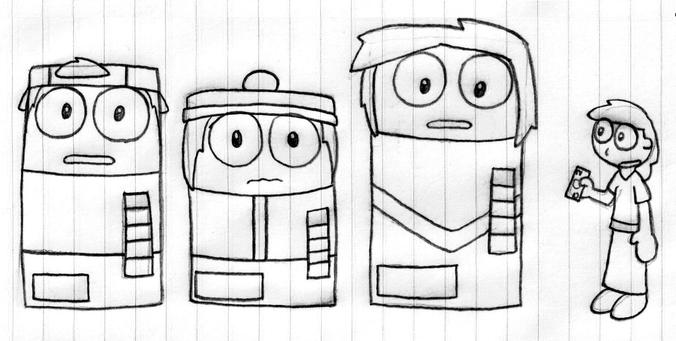 Pencil sketches of Peter, Caskey, and Jamie as vending machines, while Senea looks at them and smiles, holding a $2 bill