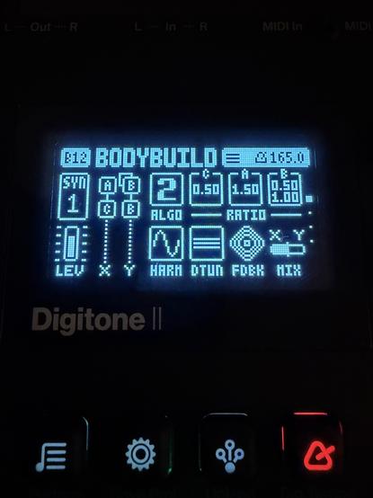 Elektron Digitone LCD low resolution screen showing various control feedback for FM synthesis