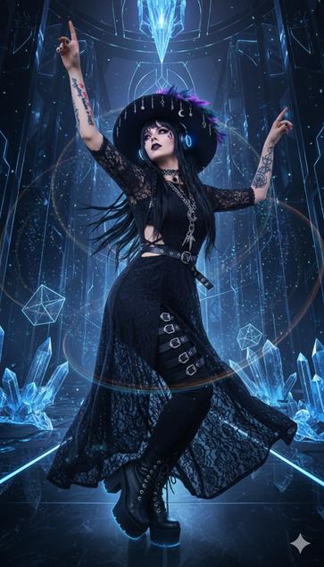 A woman with long black hair and pale skin is dancing in a futuristic quantum temple. She is dressed as a modern gothic witch, wearing a black lace dress with cutouts, a wide-brimmed hat decorated with feathers and charms, and chunky black platform boots. Her arms, which are raised in a dance pose, feature several tattoos. The temple around her is filled with glowing blue crystals, geometric light patterns, and shimmering energy fields, creating a high-tech, mystical atmosphere.