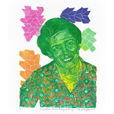 My linocut portrait of Marjorie Rice with 4 groupings of her 4 pentagonal tiling patterns in pale orange, pink, purple and lime. Her shirt is a pattern of orange butterflies and white daisies on a dark green background. The pattern is based on the orange pentagonal tiling. She is shown in green with a background of yellow at her neckline to lime going up with lines and details overprinted in dark green. She is smiling at the viewer.