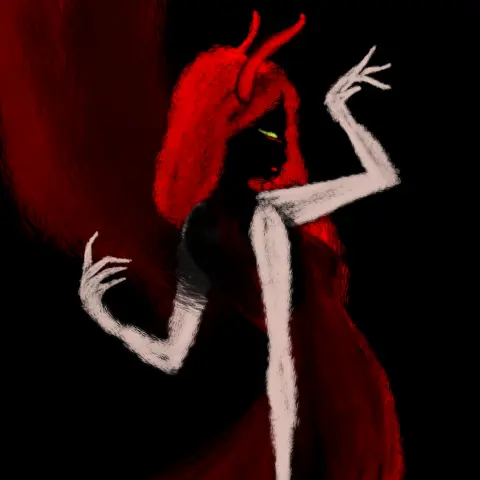 A drawing inspired by another drawing. A red haired woman with red devilish horns and red wings (Lilith) stands sideways while dancing with multiple arms (a nod to the Hindu goddess Kali). She wears a long red dress. Her face is fully covered by the shadows, with just her greenish eyes (tapetum lucidum) and small red lips visible, together with a reddish streak below her eye. Her arms are pale and thin, resembling those of a skeleton (a nod to Reaper / Personification of Death). The background is fully black.