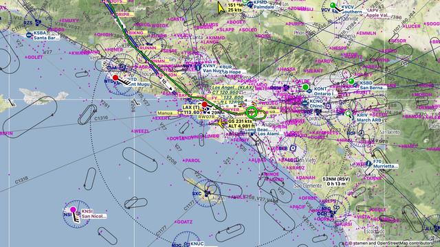 A map showing a rather circuitous path of an aircraft flying east beyond LAX and eventually turning west downwind and south of LAX. It’s a typo Stamen-based VFR map for Little NavMap with all kinds of vectors and holds.