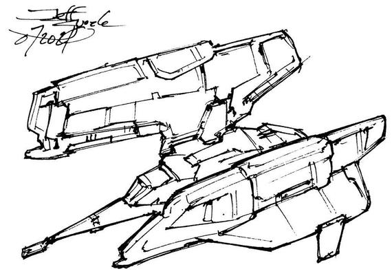 Black and white line art sketch of an imaginative sci fi spaceship. Each one is very different. Slim, spare probe ship with flattened angular forms, irregular four-section hull. Asymmetrical.