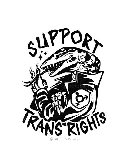A black and white digital drawing of a punk monitor lizard surrounded by the text “support trans rights”