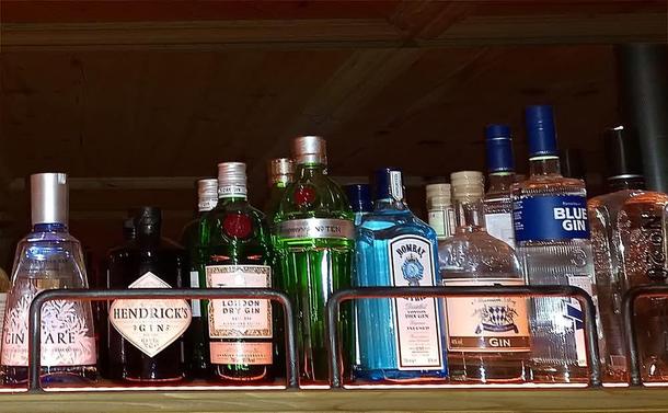 [epo] Breto en drinkejo plena de pluraj boteloj da malsamaj specoj de ĝino.

[eng] A shelf in a bar stocked with several bottles of different kinds of gin.