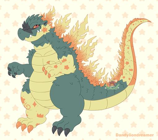 a gator oc colored green yellow and orange with starry like patterns redesigned to look like godzilla!