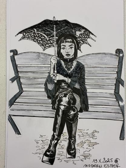 A seated figure with a spiderweb-patterned umbrella, dressed in black clothing with a choker and platform boots. Modern Esther is on a bench, with a serious expression, set against a simple background. The artwork is styled in ink with gray and black