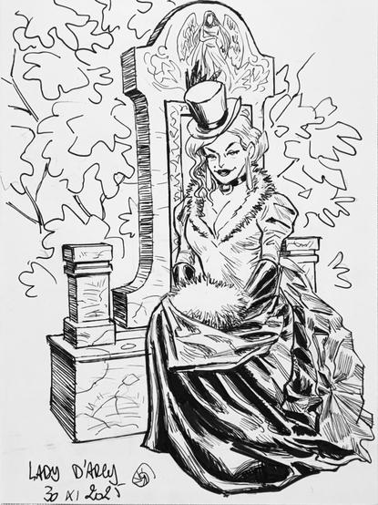 A black and white illustration of Lady d’Arcy sitting elegantly on a tombstone. She wears a top hat, is dressed in a fur-trimmed gown, and has long hair. The backdrop features a stylized angel, and there are leaves around her