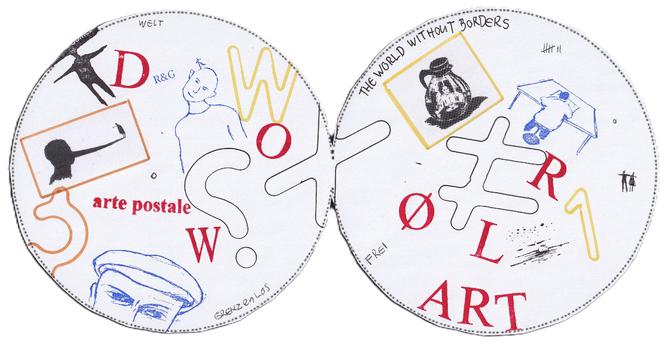 Die Illustration zeigt ein zweigeteiltes, rundes Kunstwerk, das mit verschiedenen Elementen gefüllt ist, darunter Wörter, Buchstaben, Figuren und Zeichen