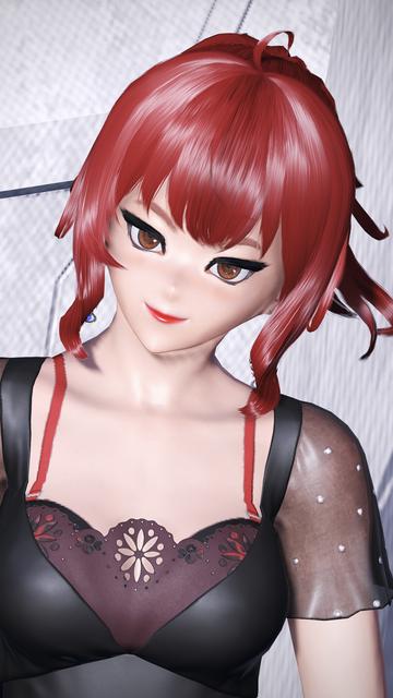 My type 2 human character Masumi smiles at the camera. She’s wearing a black dress with transparent sleeves and a red bra underneath that matches her red hair and red lipstick.